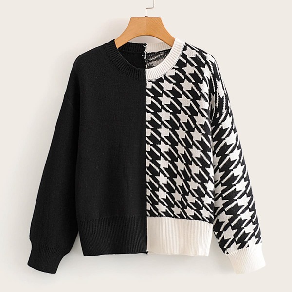 

Two Tone Geo Print Sweater, Black and white