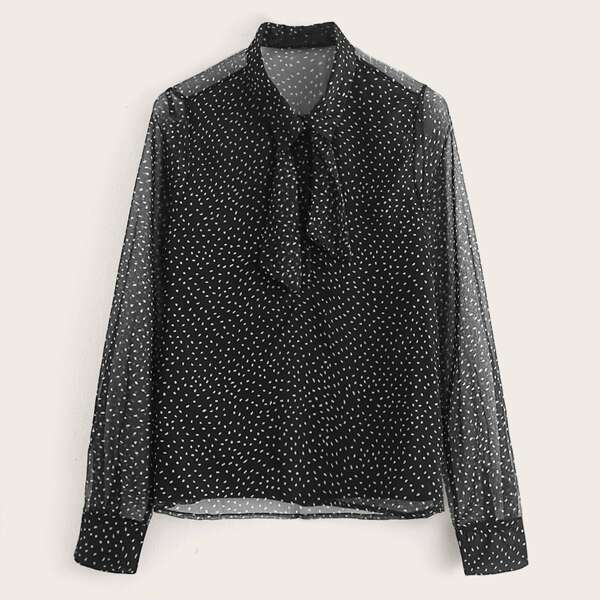 

Tie Neck Dalmatian Print Chiffon Blouse, Black