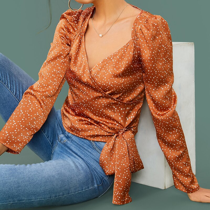 

Surplice Wrap Polka Dot Print Satin Top, Camel