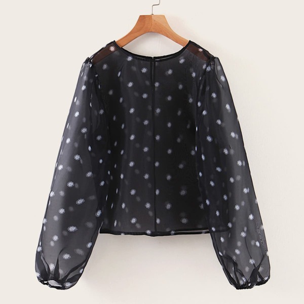 

Allover Print Organza Sheer Blouse, Black