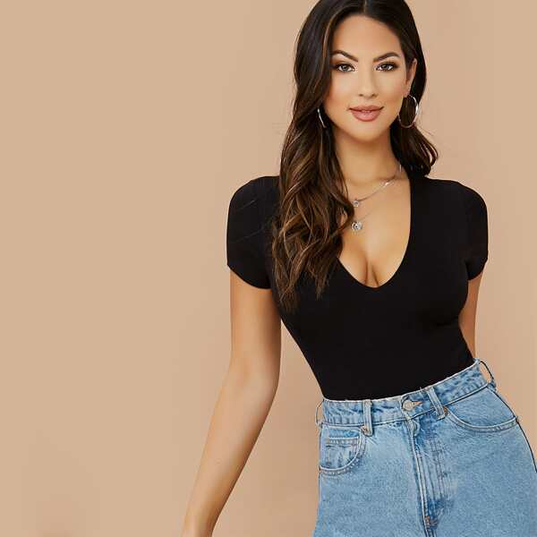 

Jersey Knit V-Neck Short Sleeve Bodysuit, Black