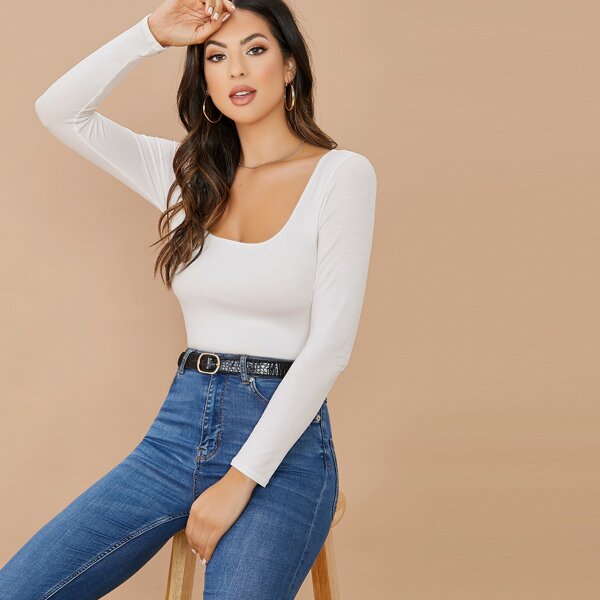 

Jersey Knit Square Neck Long Sleeve Bodysuit, White