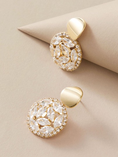 1pair Hollow Out Rhinestone Engraved Round Drop Earrings