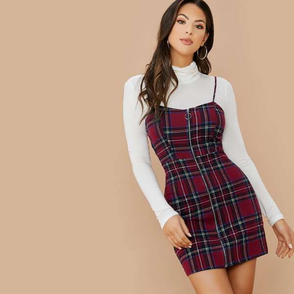 

Zip Front Sleeveless Jersey Plaid Mini Dress, Multicolor