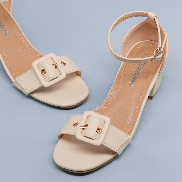 

Open Toe Buckle Accent Low Block Heel Sandals, Apricot
