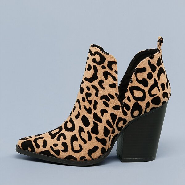 

Leopard Split Shaft Stacked Heel Ankle Boots, Black