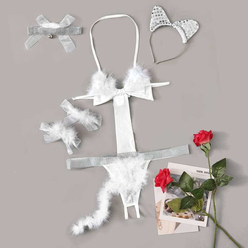 

Feather & Bow Teddy Bodysuit With Choker & Headband, White