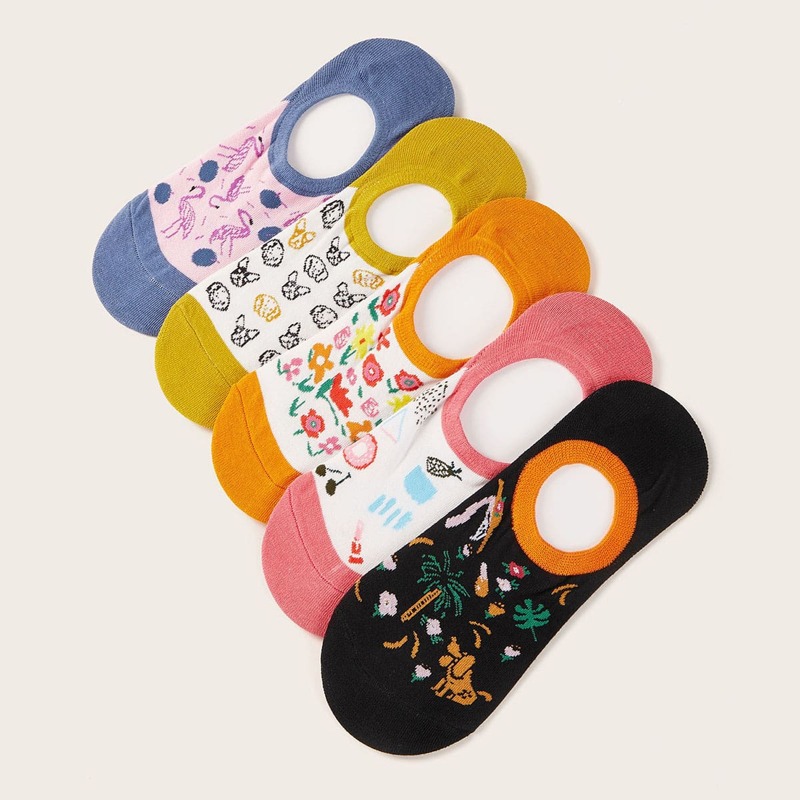 

5pairs Flower & Flamingos Pattern Ankle Socks, Multicolor