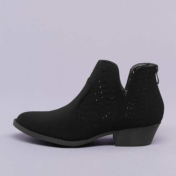 

Perforated Split Shaft Almond Toe Low Heel Boots, Black