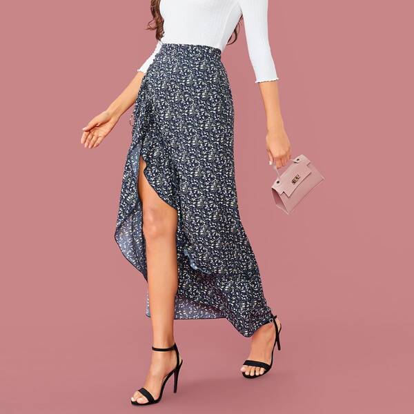 

Ruffle Trim Asymmetrical Hem Ditsy Floral Skirt, Navy