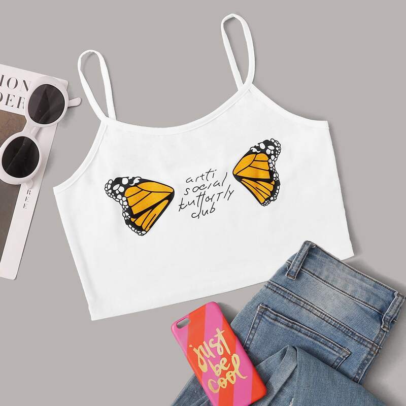 

Butterfly & Letter Graphic Cami Top, White