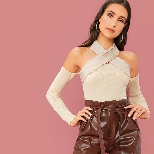 

Wrap Halter Cold Shoulder Slim Tee, Beige