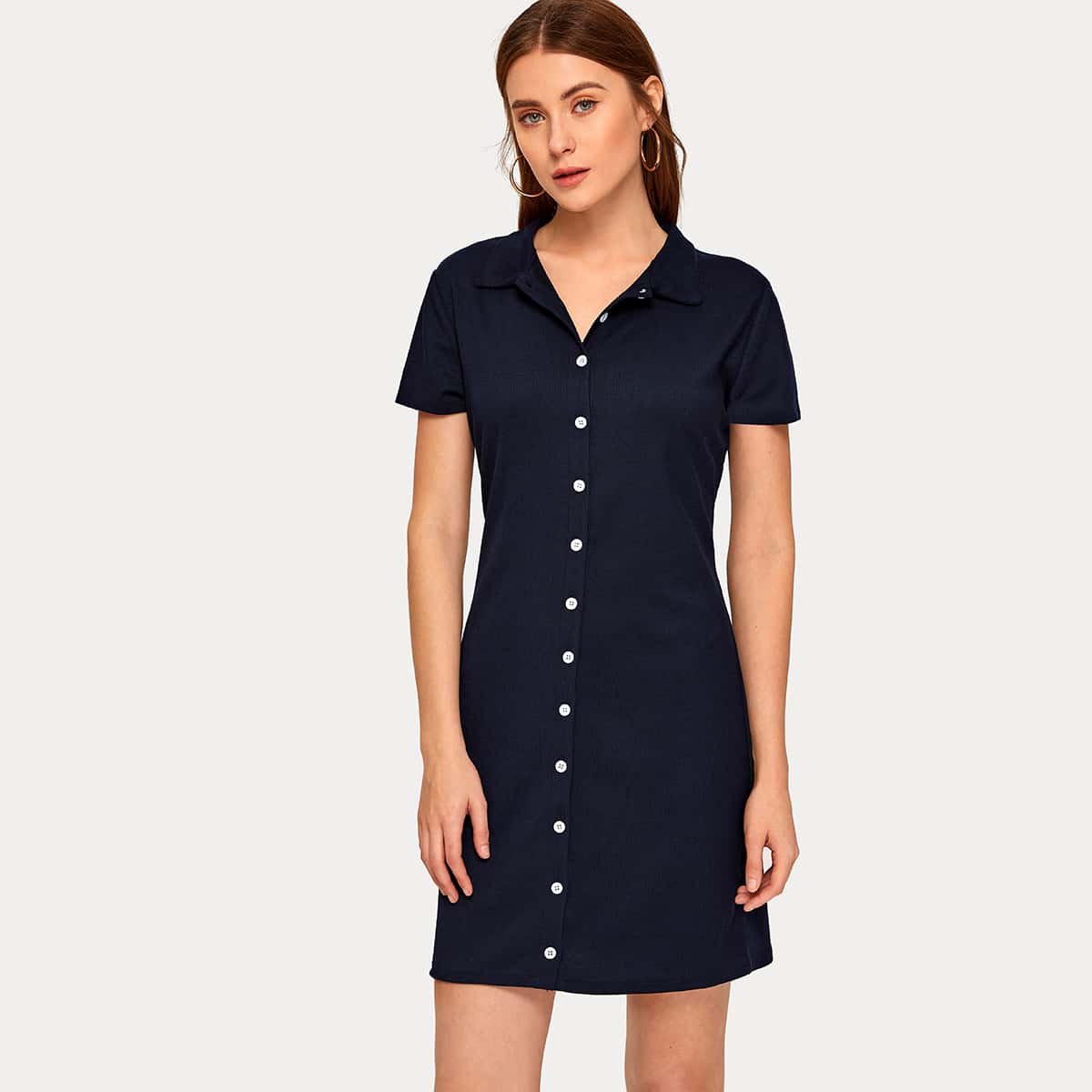 

Solid Button Through Shirt Dress, Navy