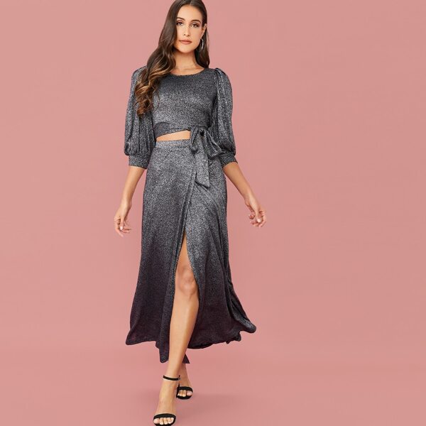 

Tie Hem Glitter Crop Top and Wrap Skirt Set, Grey