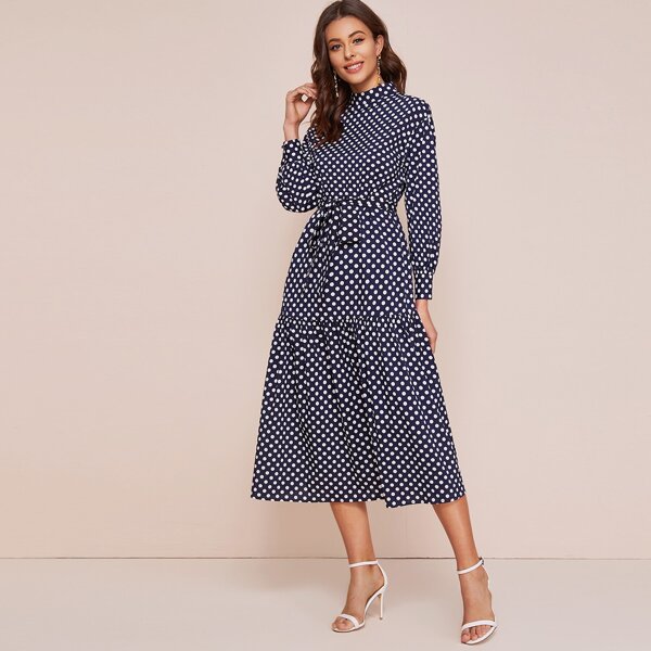 

Mock-Neck Ruffle Hem Polka Dot Dress, Navy blue