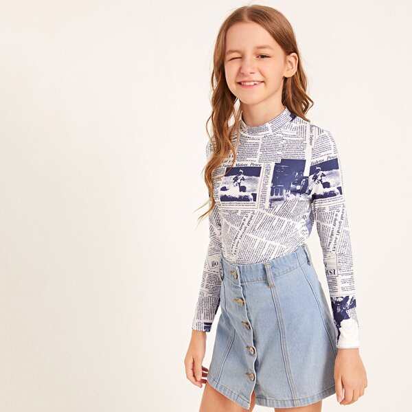 

Girls Mock-Neck Newspaper Print Top, Multicolor