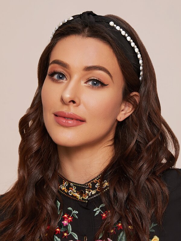 

Faux Pearl & Rhinestone Decor Headband, Black