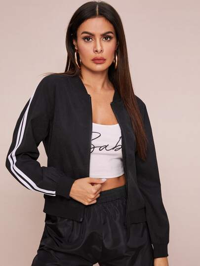 Striped Side Zip Up Bomber Jacket