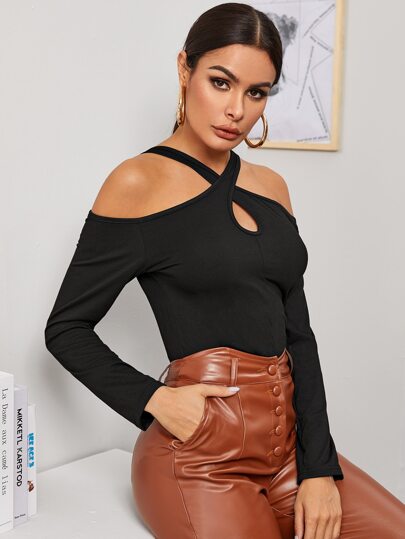 Criss Cross Asymmetrical Neck Fitted Tee
