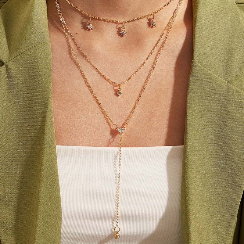 

1pc Rhinestone Decor Charm Layered Necklace, Gold