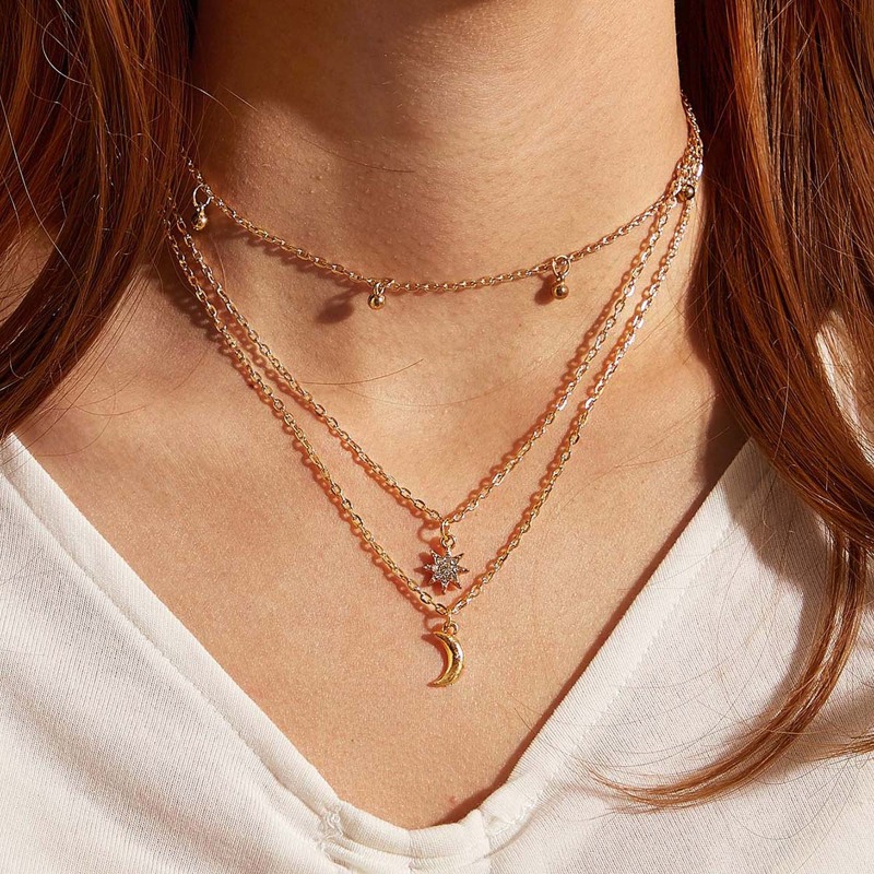 

1pc Star & Moon Chain Layered Necklace, Gold