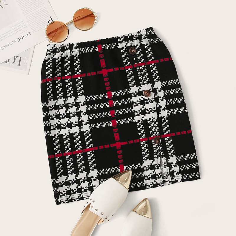 

Plaid Button Side Mini Skirt, Black and white