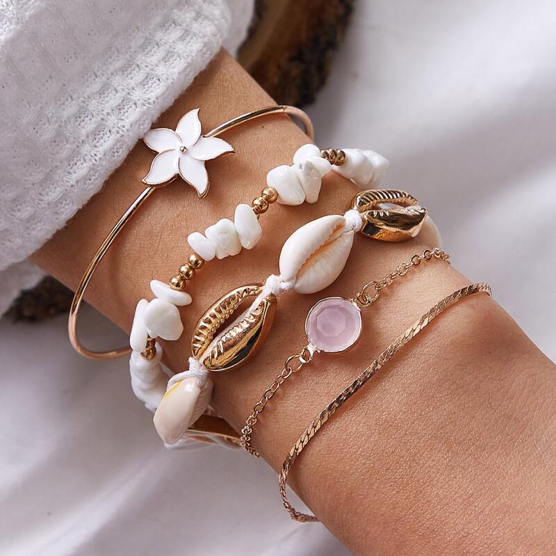 

5pcs Flower & Shell Decor Bracelet, Multicolor