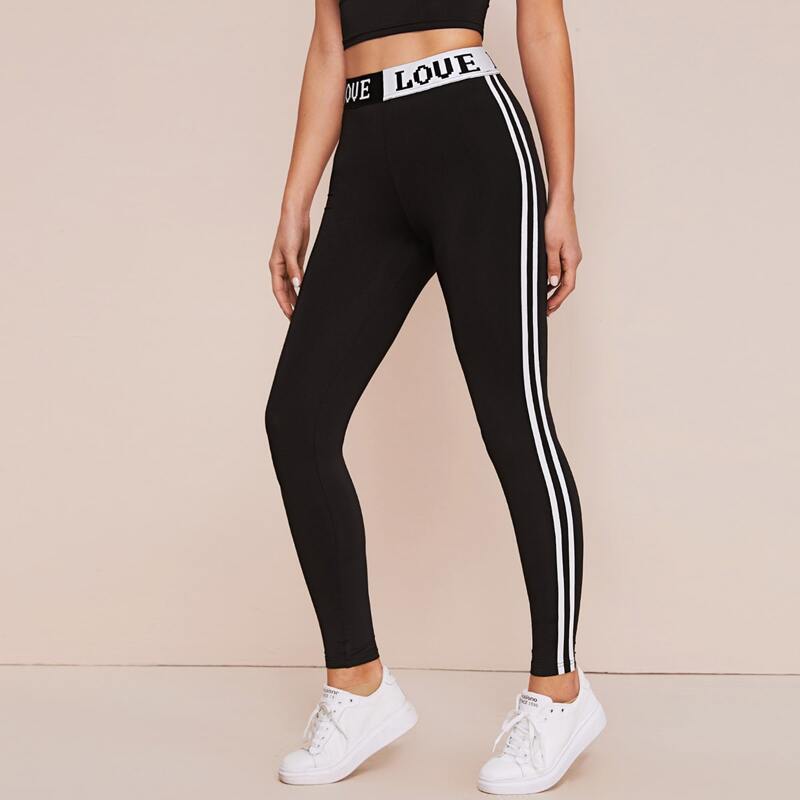 

Side Striped Letter Graphic Skinny Leggings, Black