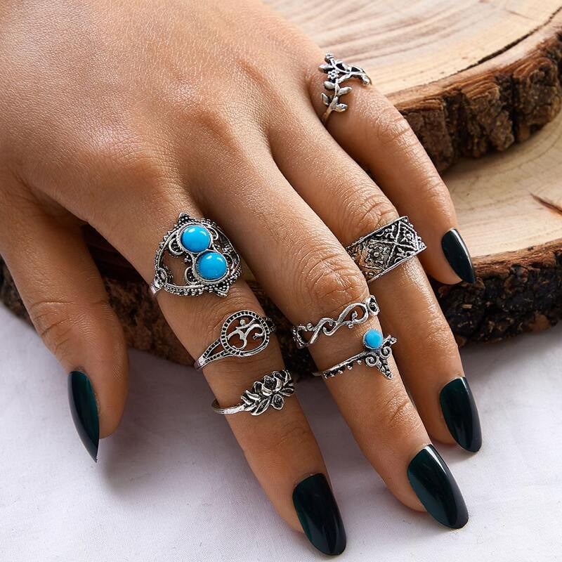 

7pcs Vintage Turquoise Decor Ring, Silver