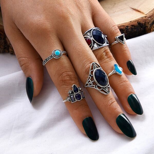 

6pcs Gemstone Decor Ring, Multicolor