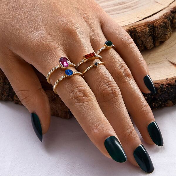 

5pcs Rhinestone Engraved Ring, Multicolor