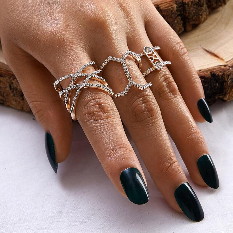 

3pcs Rhinestone Engraved Ring, Multicolor