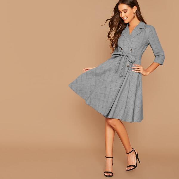 

Notched Collar Buttoned Self Belted Plaid Blazer Dress, Grey