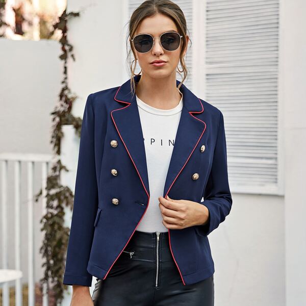 

Notched Collar Contrast Piping Double Breasted Blazer, Navy