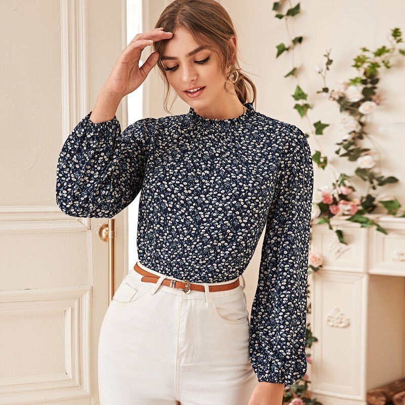 

Ditsy Floral Frill Neck Blouse, Navy blue