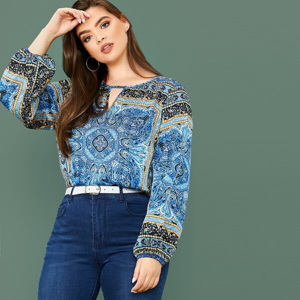 

Plus Keyhole Neck Lantern Sleeve Scarf Print Blouse, Multicolor