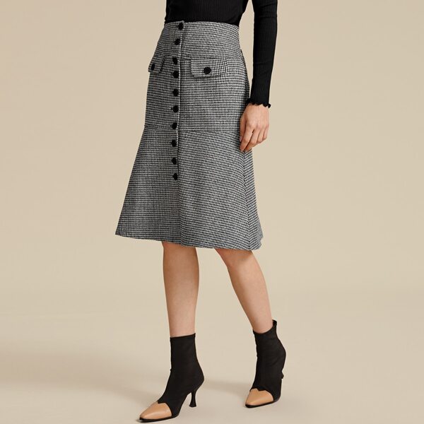 

Flap Detail Button Up Tweed Skirt, Black and white