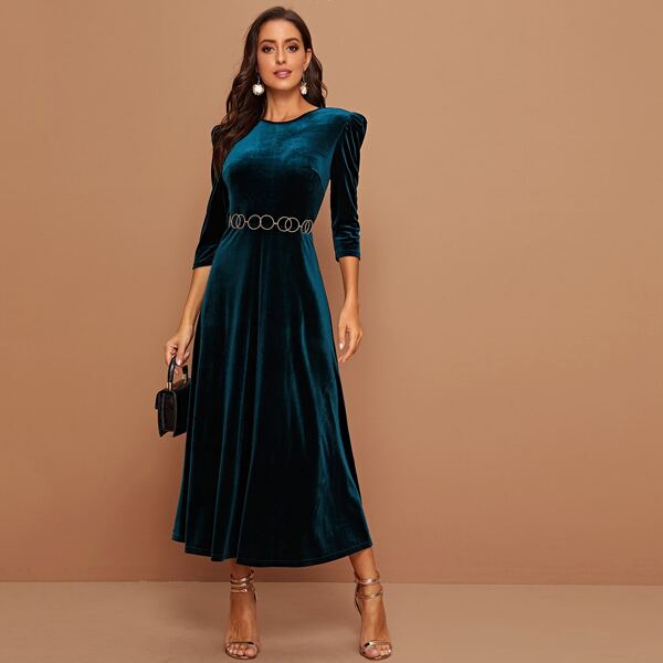 

Gigot Sleeve Velvet Dress Without Chain, Blue