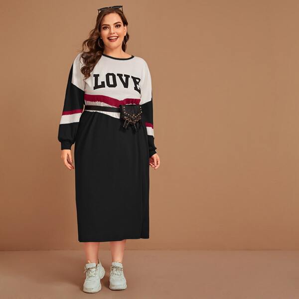 

Plus Letter Graphic Chevron Striped Sweatshirt Dress Without Bag, Black and white