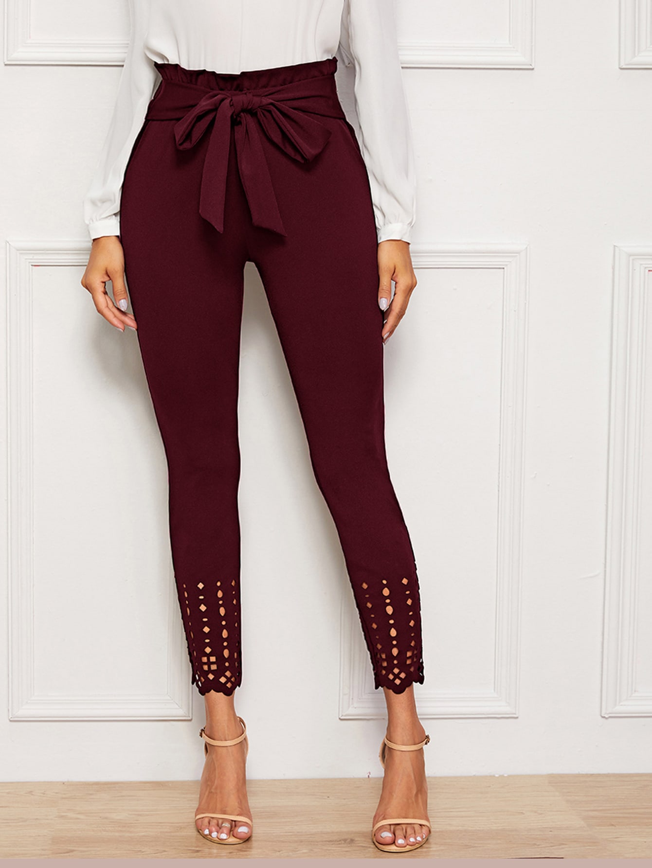 Paperbag Waist Scallop Edge Laser Cut Skinny Pants thumbnail