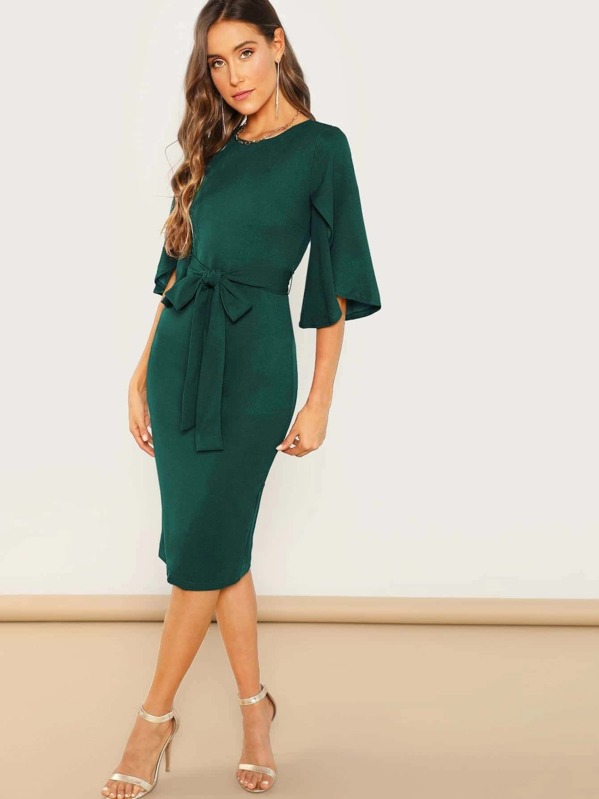 

Платье Футляр С Длинными Рукавами Тюльпан И Поясом, Зелёные, Anna Herrin