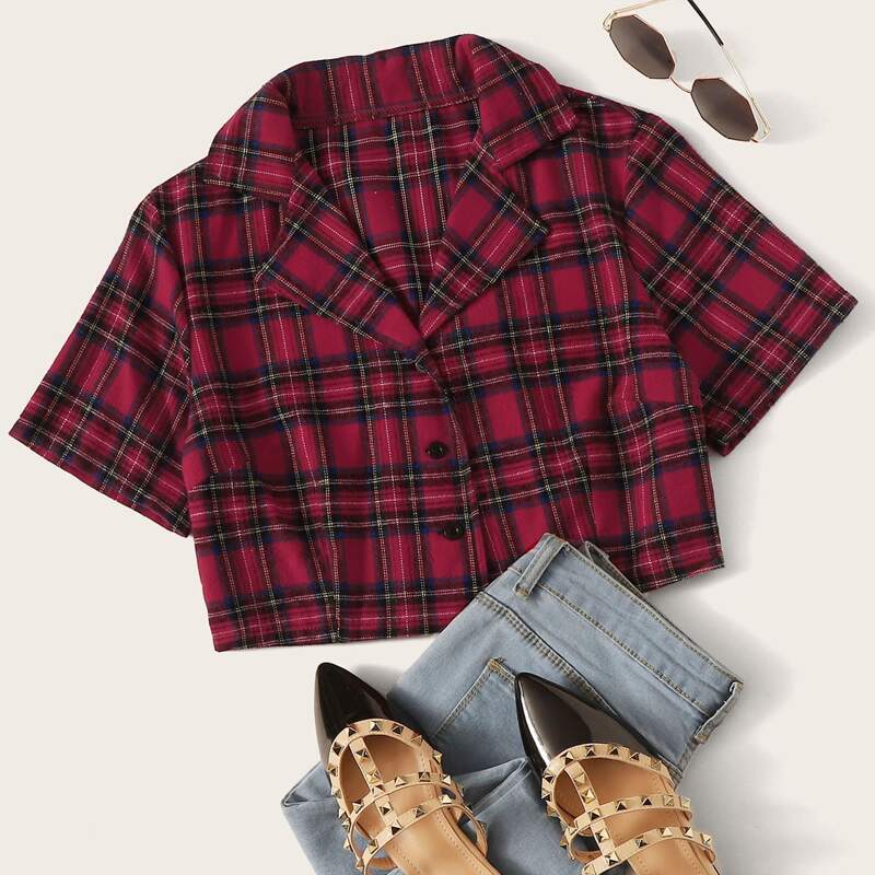

Tartan Lapel Neck Crop Blouse, Red