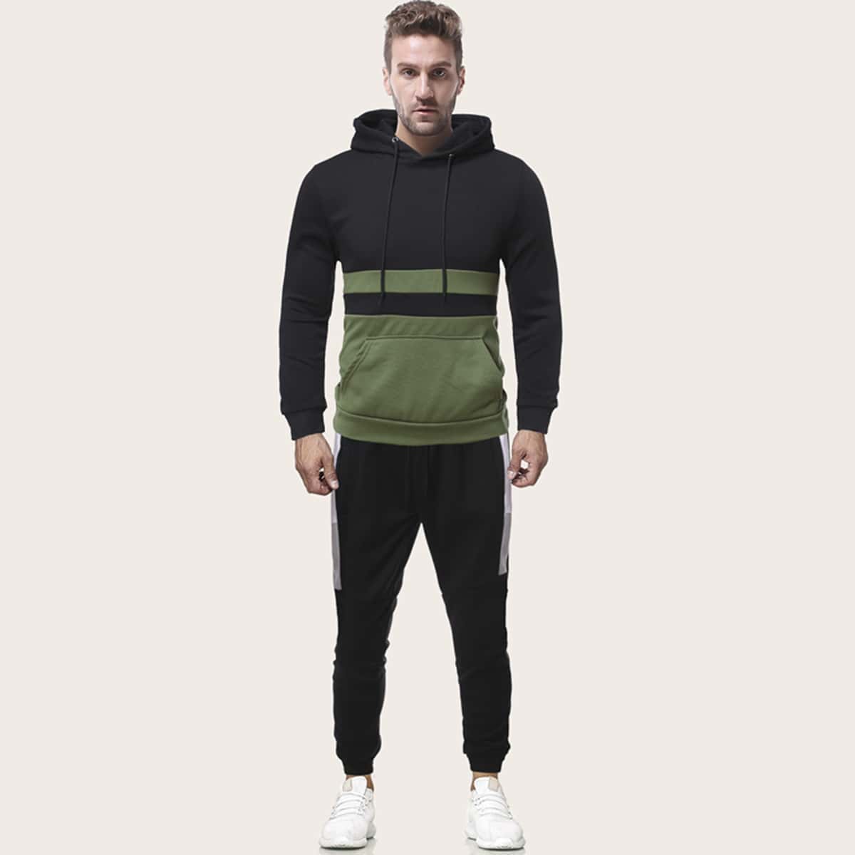 

Guys Color-block Drawstring Hoodie & Sweatpants, Black