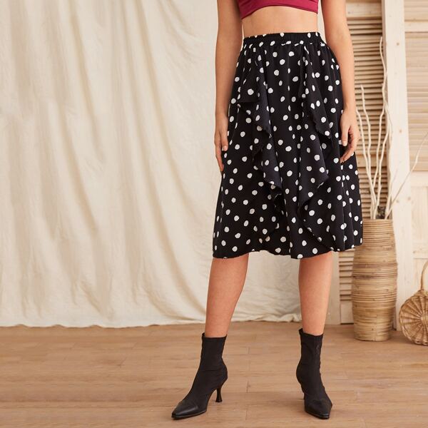 

Polka Dot Print Ruffle Trim Skirt, Black