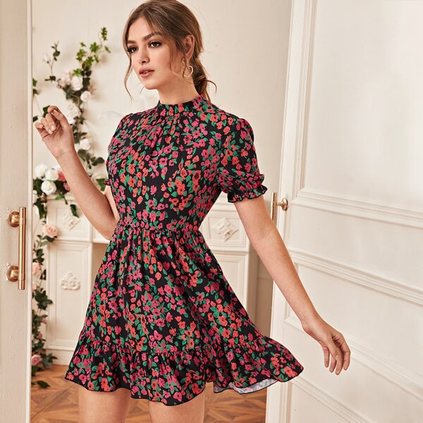 

Floral Print Zip Back Ruffle Hem Dress, Multicolor
