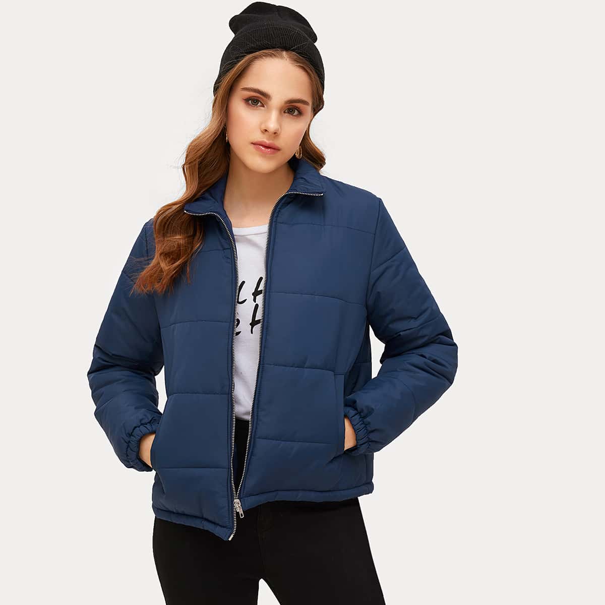 

Solid Zip Up Padded Jacket, Navy blue