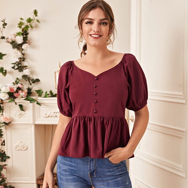 

Button Front Ruffle Hem Blouse, Burgundy