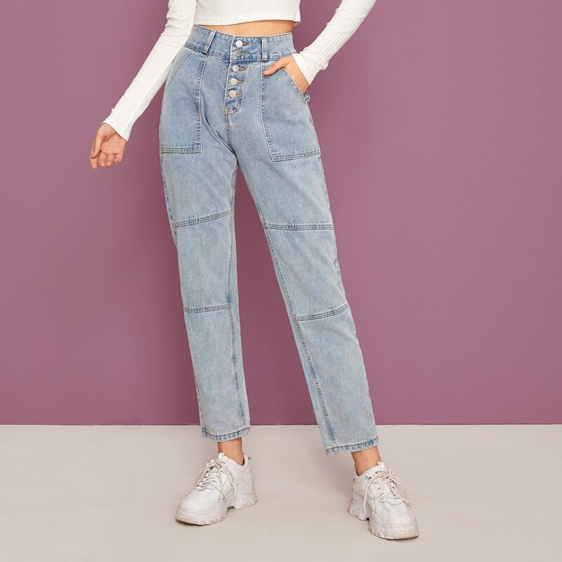 

Faded Wash Button Fly Paneled Jeans Without Belt, Blue pastel