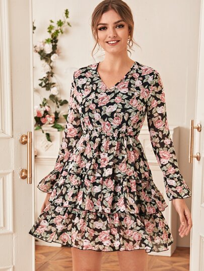 V-neck Floral Print Tiered Layer Dress