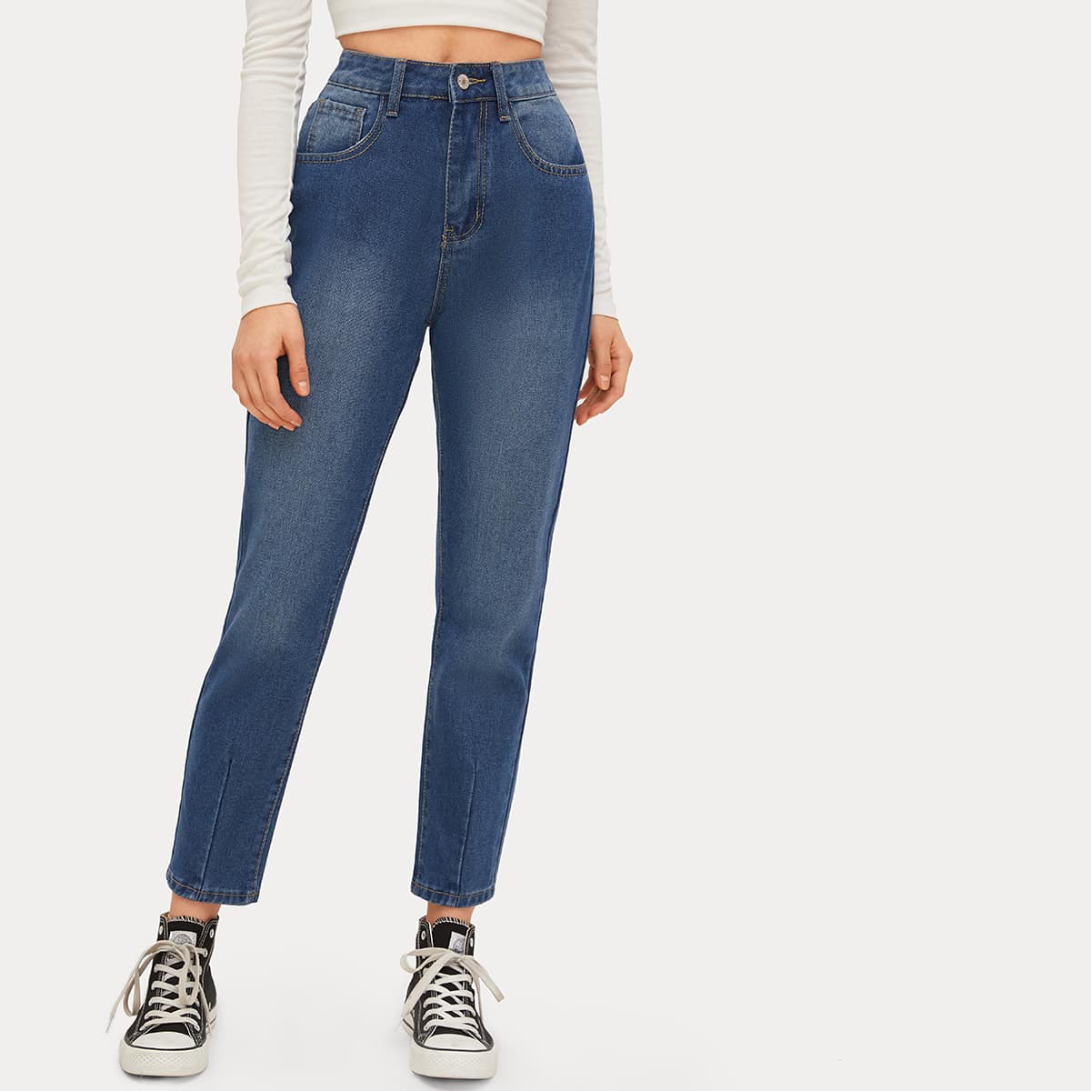 

Bleach Wash Fold Stitch Hem Jeans Without Belt, Blue
